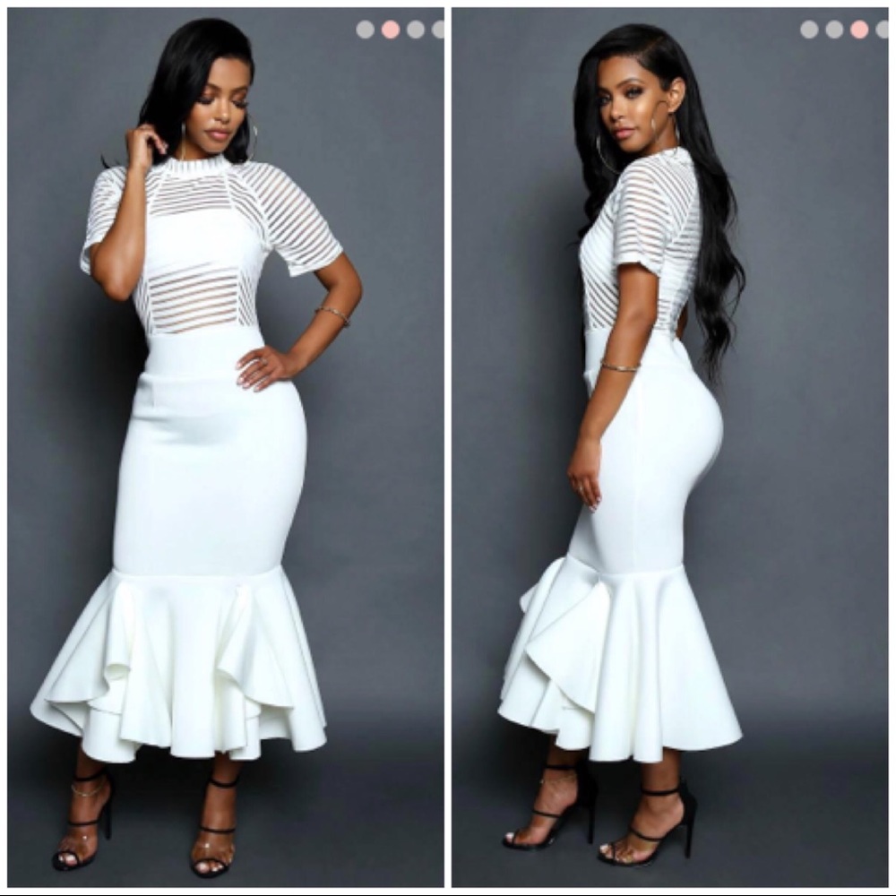 NWOT Sheer Scuba White Dress with Ruffle Hem